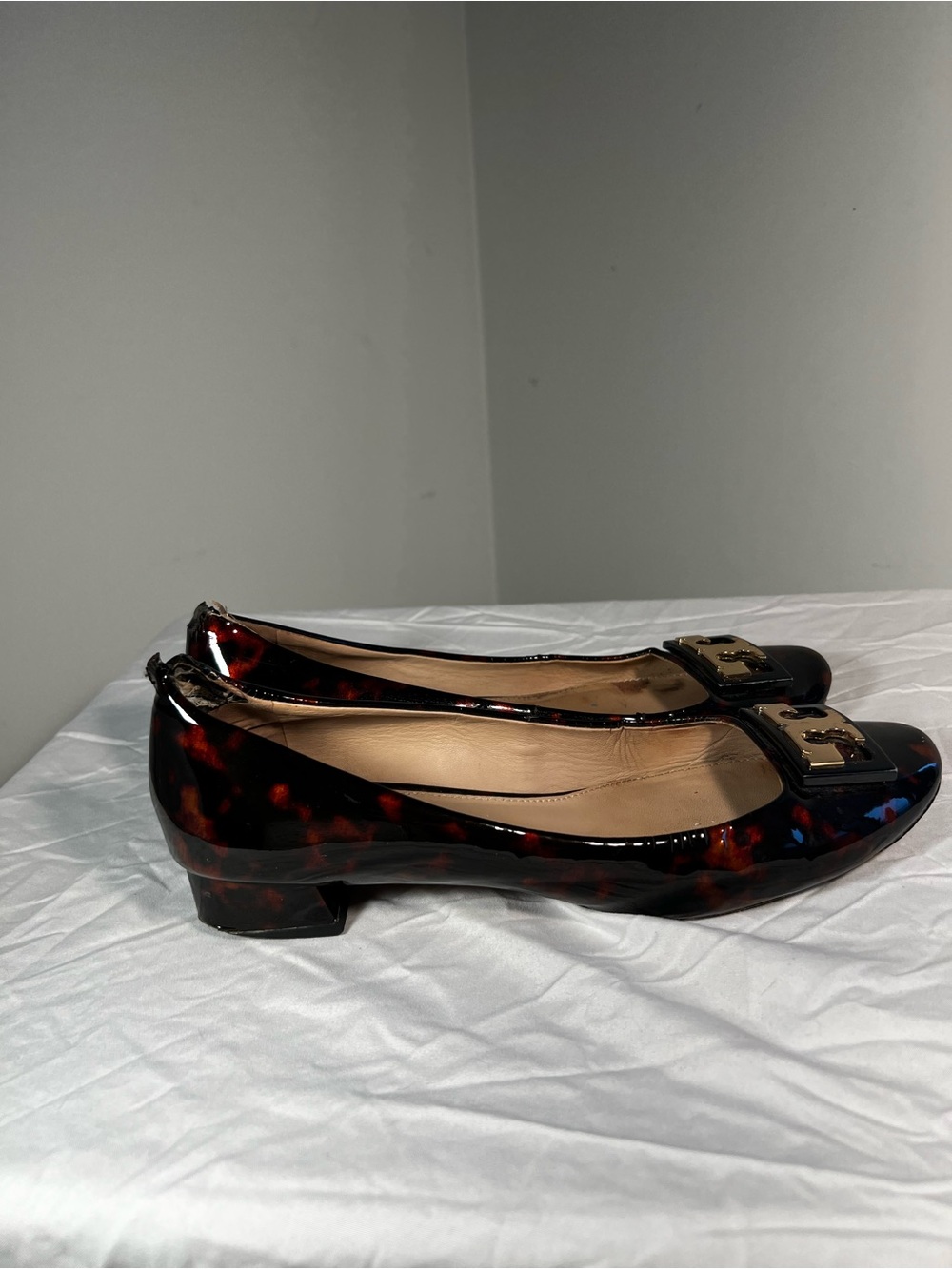 Tory Burch Tortoiseshell Patent Ballet Flats with Gold Logo